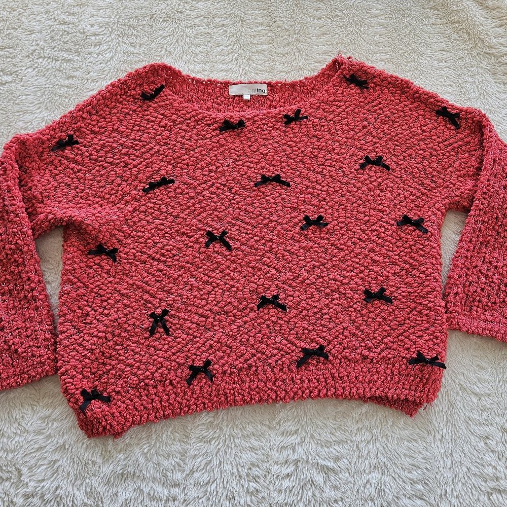 MEDIUM *Soft & Cozy Red/Pink Sweater with Black Bowties Medium 3/4 Sleeve EUC
